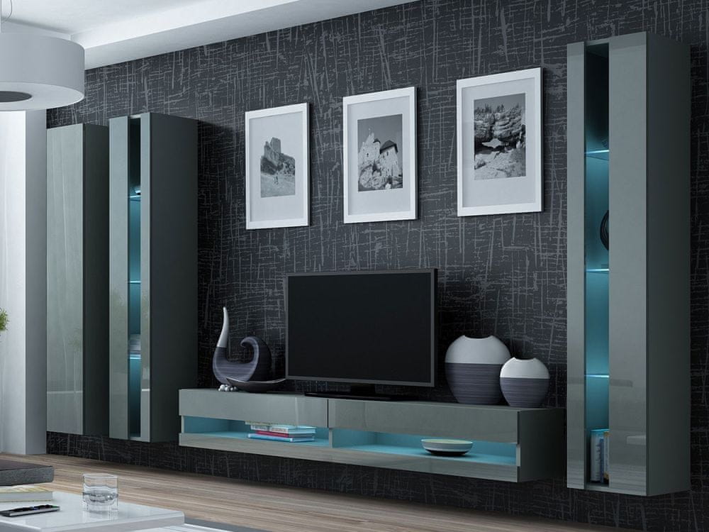 Veneti Stena do obývacej izby s LED modrým osvetlením ASHTON N6 - šedá / lesklá šedá